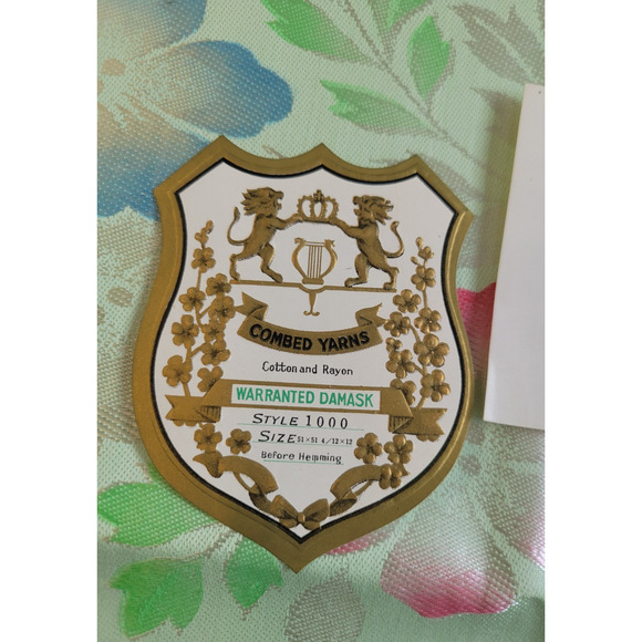 Vtg Table Cloth Napkins Set Green Floral Hand Painted Combed Yarns Damask - Picture 7 of 13